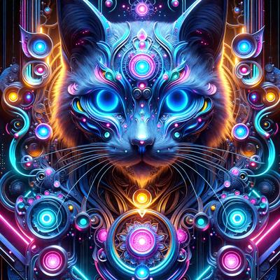 The primary subject of the image is a cat with blue eyes, which is the main focus of the image. The cat is surrounded by a vibrant and colorful background, featuring a mix of blue, purple, and orange hues. The visual style of the image is digital art, as it appears to be a computer-generated or digitally edited illustration. The overall atmosphere of the image is lively and energetic, with the bright colors and intricate patterns creating a dynamic and engaging scene.